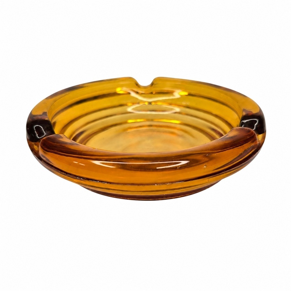 Vintage Amber Ribbed Glass Ashtray 4 3/8" Round Mid Century Modern MCM Retro